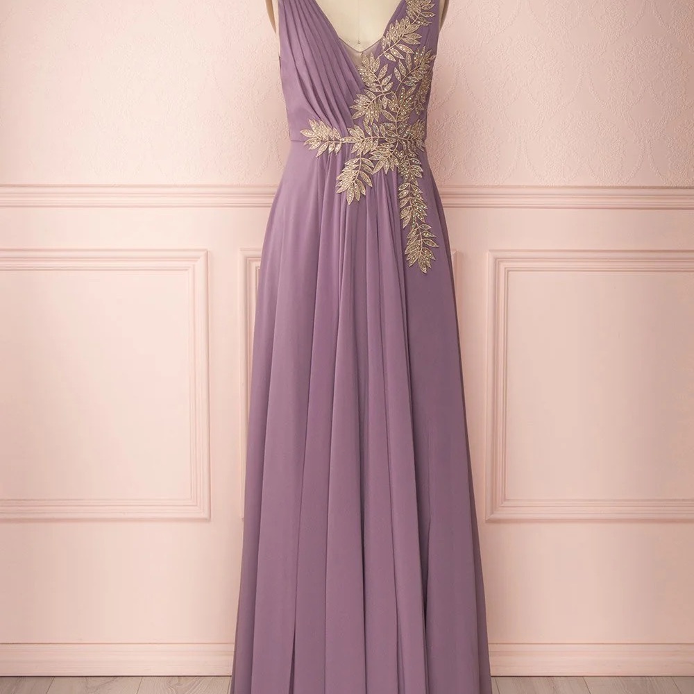 Elegant Purple Evening Gown with Gold Embroidery